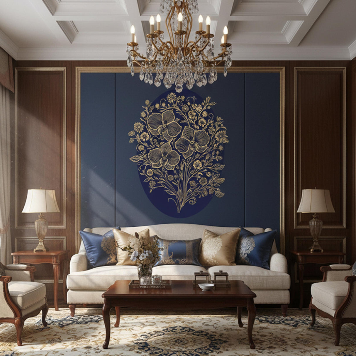 Gold Filigree Orchid Decal | Navy Blue Floral Mural | Ornate Botanical Wall Art | Luxury Gold Flower Sticker | Traditional Navy Home Decor