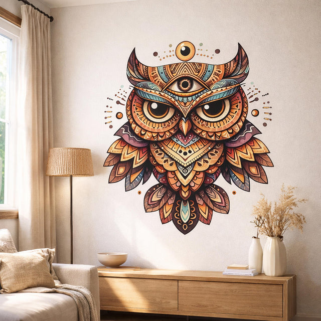 A symmetrical, highly detailed illustration of an owl on a black background. The owl features intricate tribal and geometric patterns in shades of orange, teal, and purple. A third eye is positioned on its forehead, with a celestial eye symbol floating directly above its head.