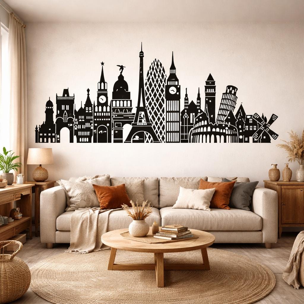 Europe Skyline Decal | Iconic Landmark Art | Travel Wall Decor | Eiffel Tower Big Ben | Colosseum Wall Mural | World Traveler Gift