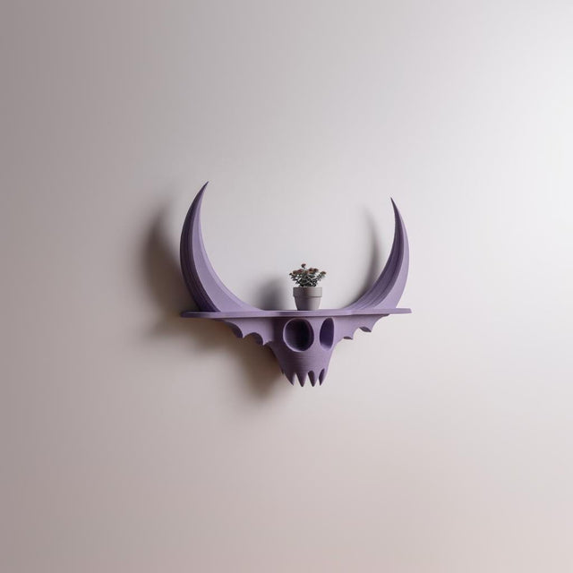 Alternate view of the 3D printed horned fantasy figure wall shelf.