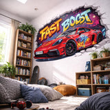 3D Race Car Wall Decal | Graffiti Sports Car Mural | Fast Boost Wall Sticker | Boys Room Decor | Kids Playroom Art | Red Car Through Wall
