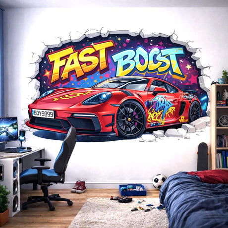 A 3D-effect illustration of a red sports car bursting through a white brick wall. The words "FAST BOOST" are written in large, colorful graffiti letters above the car. The background inside the wall crack features a dark space theme with colorful stars and paint splashes.