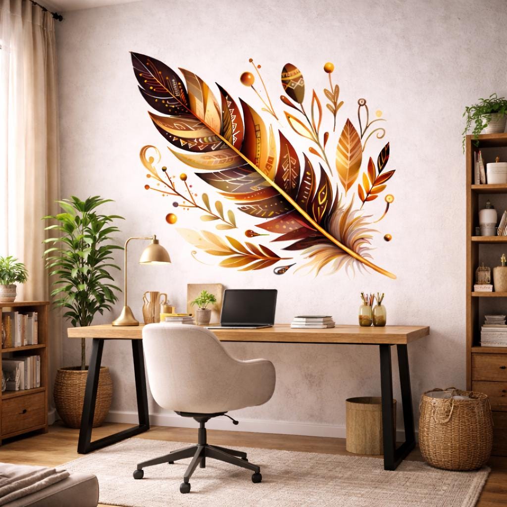 Boho Feather Decal | Tribal Pattern Wall Art | Earth Tone Feather Sticker | Native Inspired Mural | Bohemian Nursery Decor | Terracotta Leaf