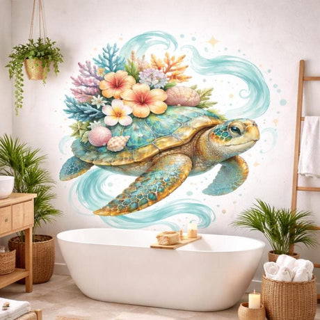 A vibrant watercolor-style vinyl wall decal of a sea turtle on a white background. The turtle's shell is uniquely adorned with a lush bouquet of peach hibiscus flowers, intricate seashells, and colorful coral. Delicate light blue water swirls, bubbles, and small golden stars surround the turtle, creating a whimsical, tropical ocean scene.