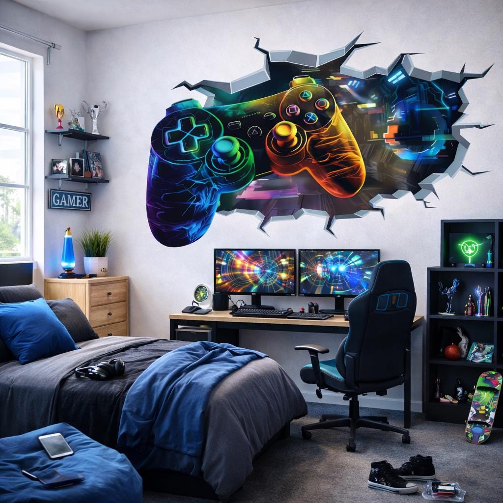 3D Gamer Wall Decal | Neon Game Controller Mural | Joystick Wall Smash Sticker | Teen Gaming Room Decor | Video Game Art Print