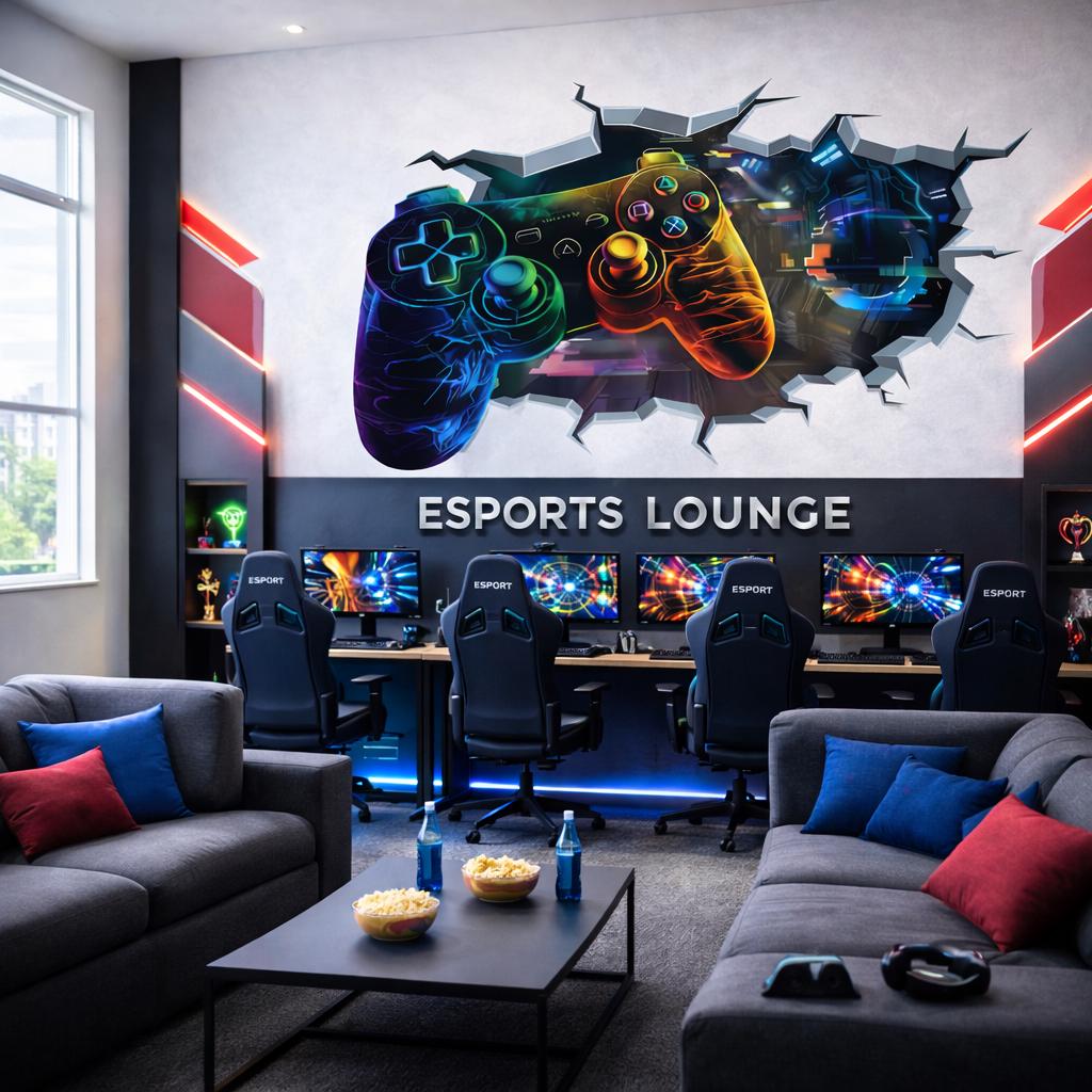 3D Gamer Wall Decal | Neon Game Controller Mural | Joystick Wall Smash Sticker | Teen Gaming Room Decor | Video Game Art Print