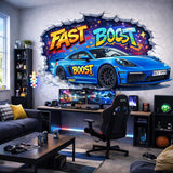3D Blue Race Car Wall Decal | Graffiti Sports Car Mural | Fast Boost Wall Sticker | Boys Room Decor | Kids Playroom Art | Car Through Wall