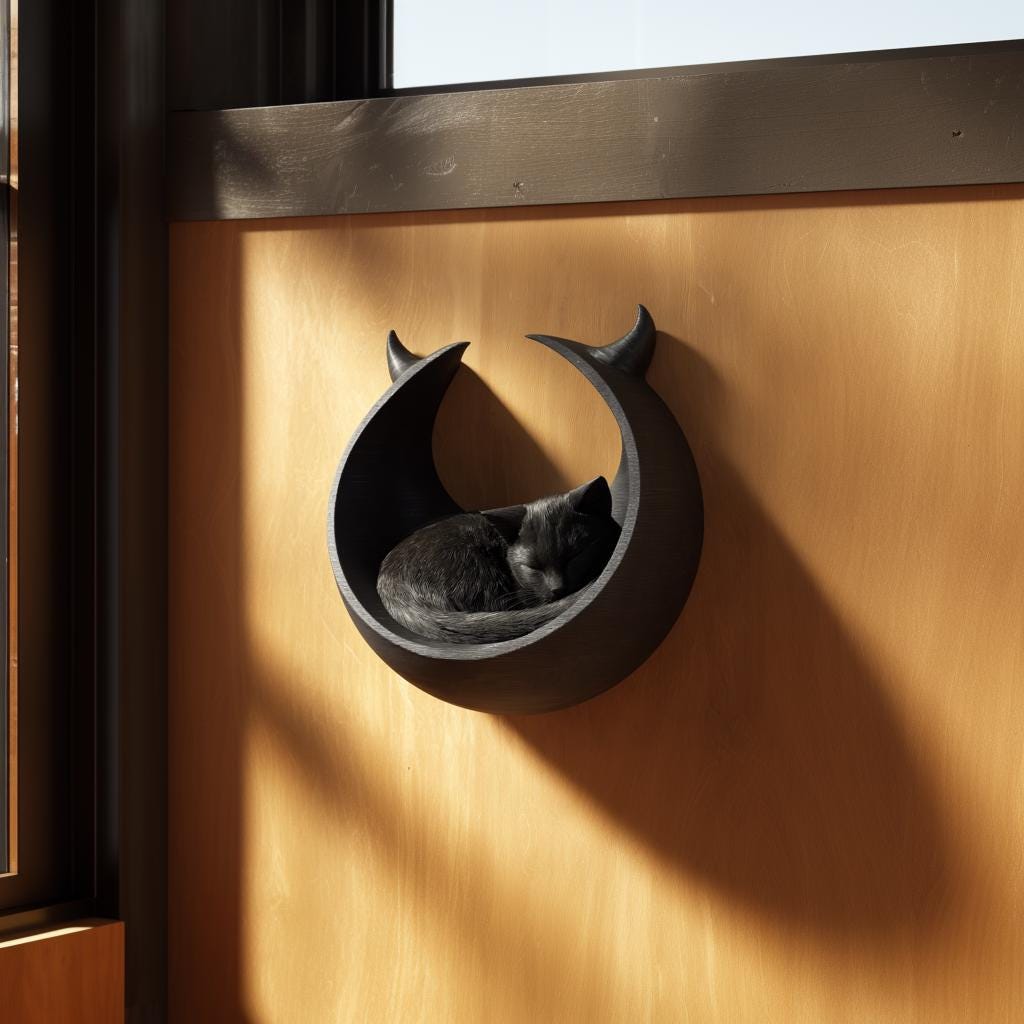 Dark Fantasy Crescent Moon Wall Mounted Cat Bed | 3D Printed Gothic Floating Cat Cave Shelf | Black Modern Pet Lounger Decor