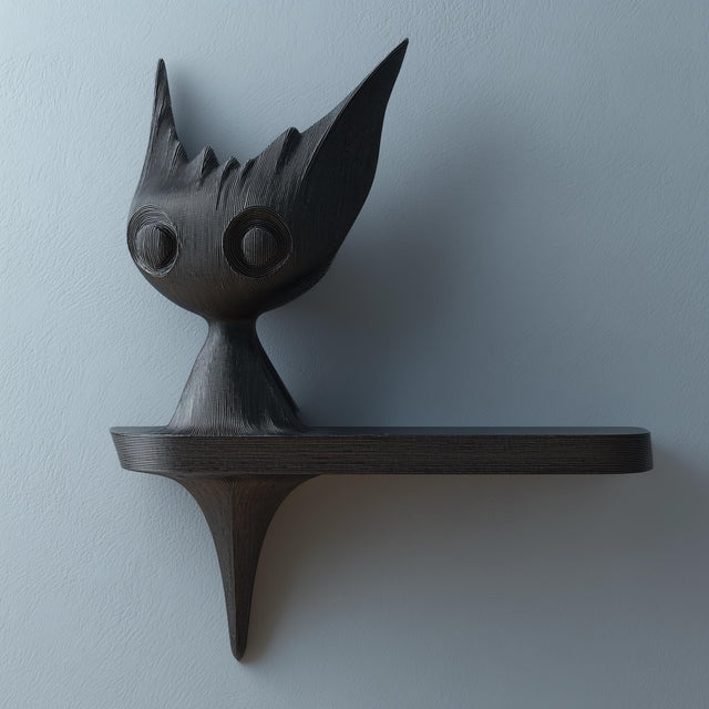 3D printed dark fantasy creature wall shelf with sculptural character head and integrated minimalist shelf, mounted on a light textured interior wall.