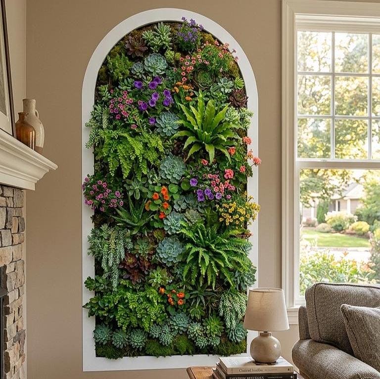 A vertical, arched wall decal featuring a dense and realistic arrangement of various succulents, ferns, and small purple and orange flowers. The plants are packed tightly together, showing various shades of green, burgundy, and teal, set within a thin white arched frame on a white background.