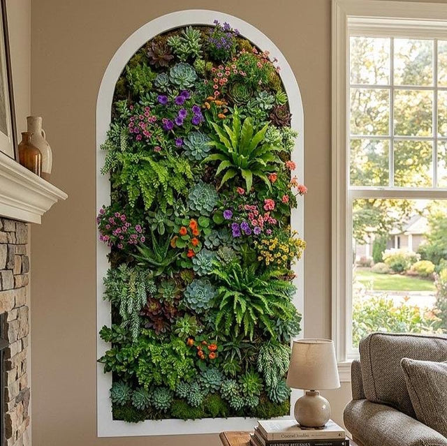 A vertical, arched wall decal featuring a dense and realistic arrangement of various succulents, ferns, and small purple and orange flowers. The plants are packed tightly together, showing various shades of green, burgundy, and teal, set within a thin white arched frame on a white background.