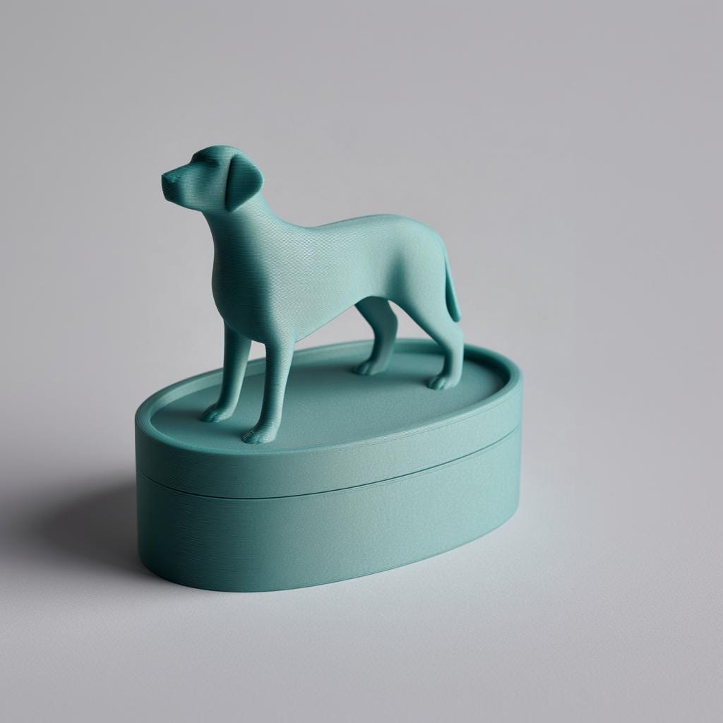 Dog Figurine Pet Ashes Urn | 3D Printed Oval Memorial Keepsake with Standing Dog Sculpture Lid |Modern Minimal Cremation Decor Sympathy Gift