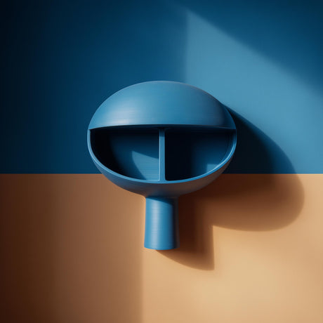 3D printed dome niche wall shelf with two split compartments and a small stem-like support, minimalist floating wall display mounted in warm natural light.