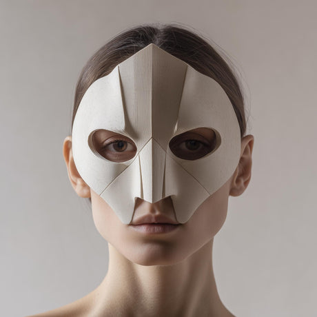 3D printed geometric face mask with sharp folded facets and almond eye openings, minimalist half-mask style, worn in a studio portrait on a neutral background.