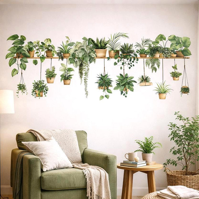 A horizontal illustration of various green houseplants in terracotta and tan pots sitting on a thin wooden shelf against a white background. Several plants feature long vines hanging down from the shelf, while others are upright palms and leafy shrubs. The style is a clean, detailed digital painting.