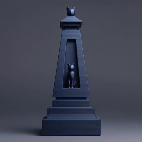 Matte blue 3D printed obelisk-style pet ashes urn with a recessed window showing a small cat figure, minimalist studio grey background, visible print texture.
