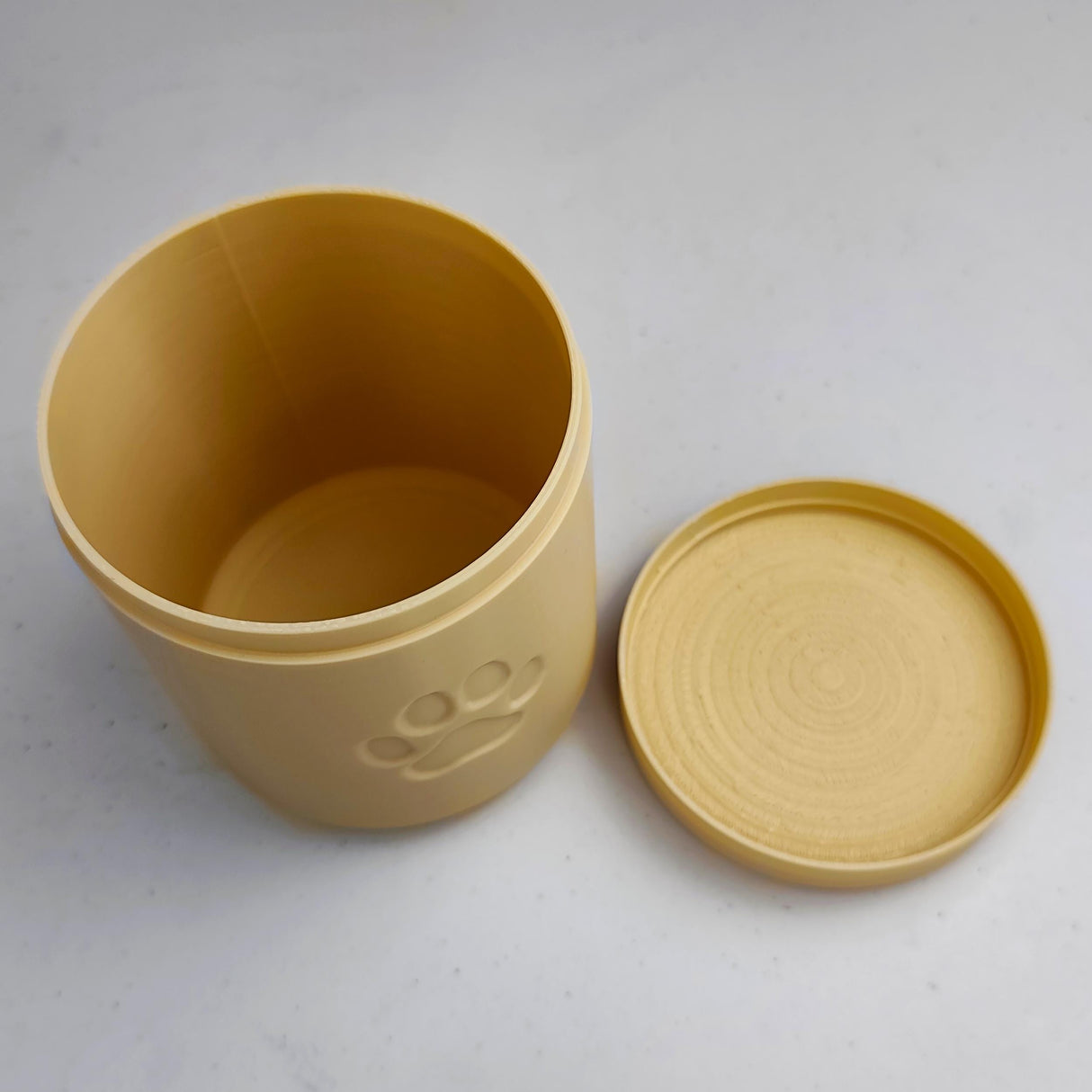 3D Printed Pet Memorial Urn | Minimalist Cylindrical Cremation Urn with Paw Print | Modern Remembrance Decor for Dogs or Cats