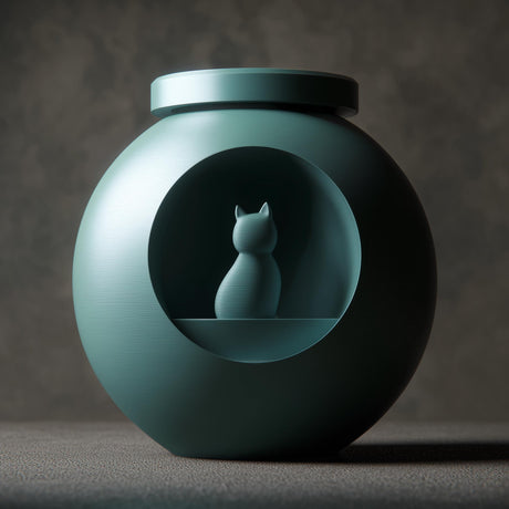 3D printed orb-shaped pet ashes urn with a circular recessed window featuring a small cat figure inside, fitted lid on top, studio-style background.