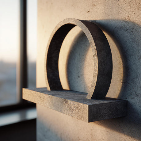 3D printed wall mounted shelf with a bold circular arch ring back and a slim floating ledge, shown against a textured wall near a window in warm light.