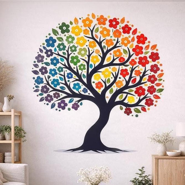 A digital illustration of a black tree silhouette on a light grey background. The tree's canopy is made of many small, flat-style flowers and leaves arranged in a rainbow gradient, moving from purple and blue on the left to green, yellow, orange, and red on the right.