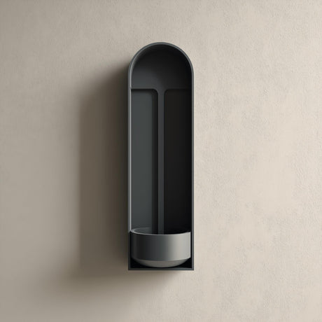 3D printed arched niche wall shelf with a tall recessed alcove and a small built-in bowl tray at the bottom, minimalist design mounted on a textured wall.