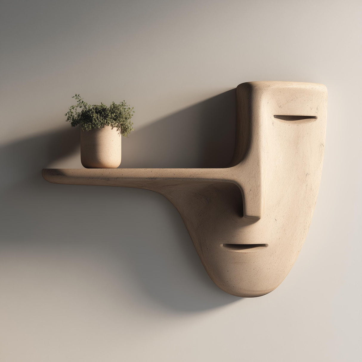 3D printed wall mounted shelf shaped like a minimalist face mask with a long nose-style floating ledge, holding a small potted plant on a plain wall.