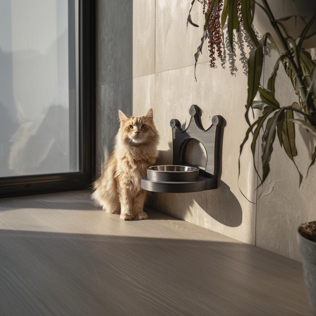 Crown Wall Mounted Pet Bowl Holder | 3D Printed Raised Feeder Frame for Cat or Small Dog Bowls | Fantasy Home Decor Elevated Feeding Station