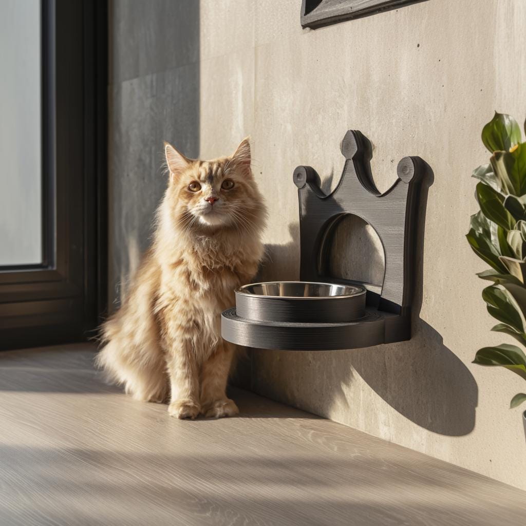 Crown Wall Mounted Pet Bowl Holder | 3D Printed Raised Feeder Frame for Cat or Small Dog Bowls | Fantasy Home Decor Elevated Feeding Station