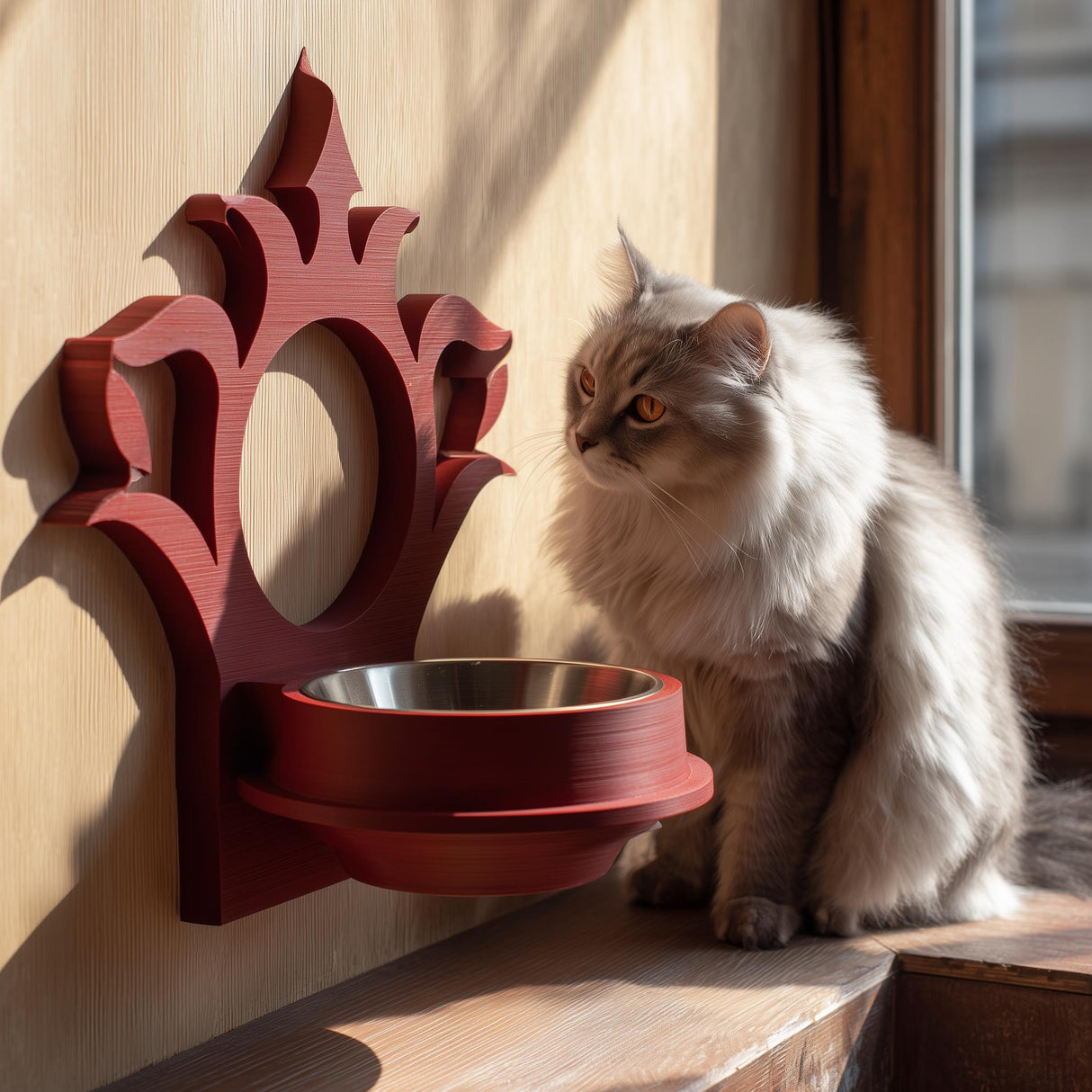3D printed gothic wall mounted pet bowl holder with ornate frame and circular cutout for a bowl, photographed by a sunny window with a cat nearby.
