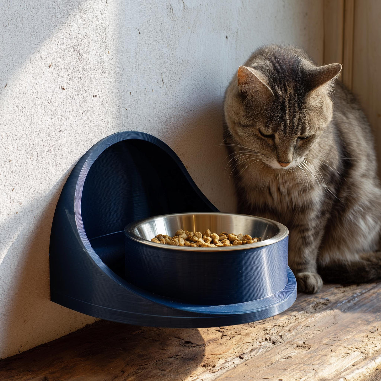 3D printed wall mounted pet bowl holder with a curved modern bracket supporting a metal food bowl, shown near a sunny window with a cat beside it.
