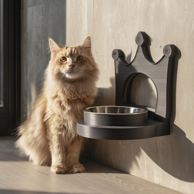 3D printed crown-shaped wall mounted pet bowl holder with a circular bowl opening, shown by a sunny window with a cat beside it on a modern floor.