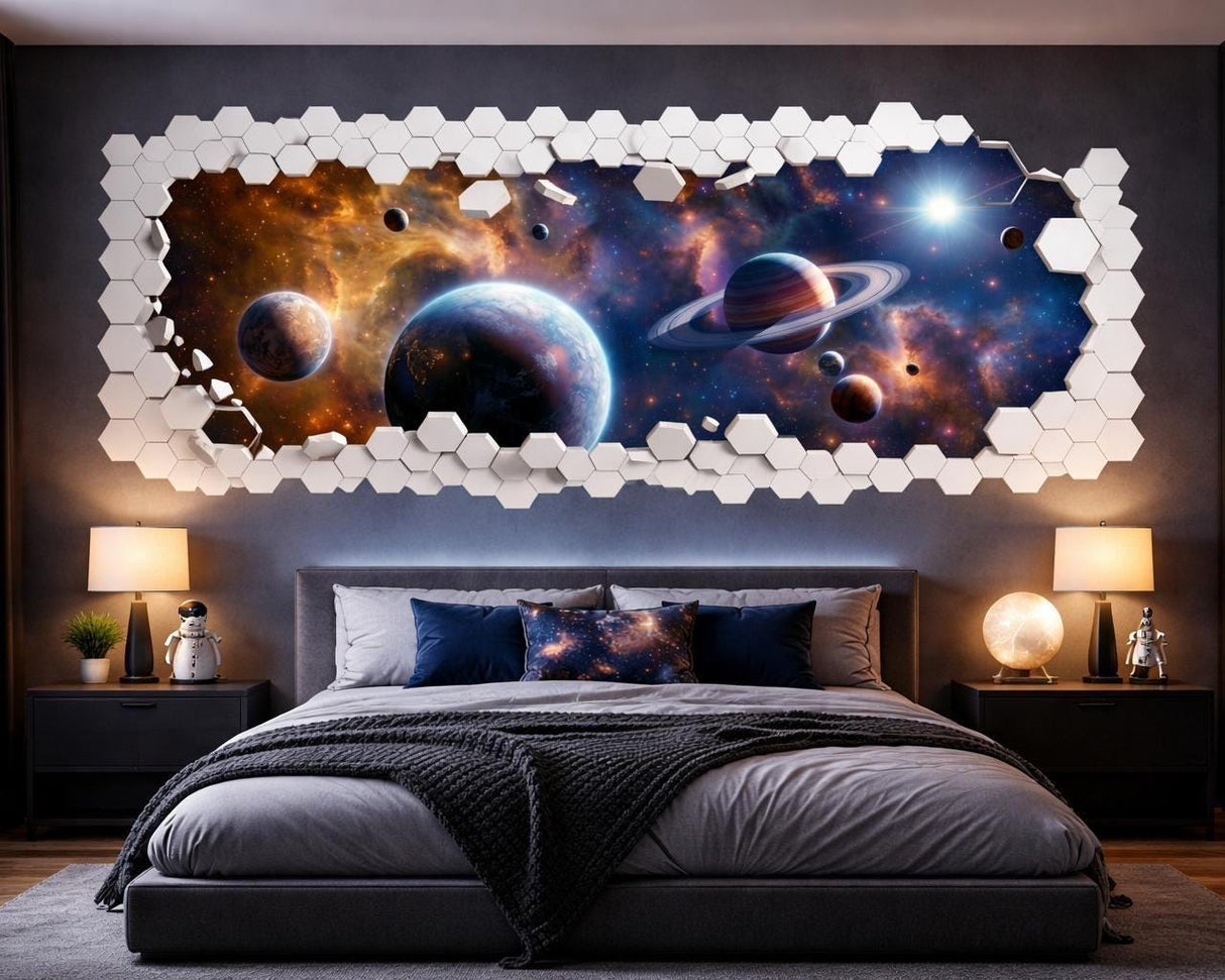 3D Space Wall Vinyl Decal | Galaxy Planets Broken Wall Illusion Sticker | Hexagon Honeycomb Frame Wall Art | Kids Room Sci Fi Decor