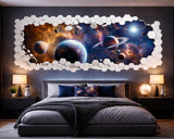 3D Space Wall Vinyl Decal | Galaxy Planets Broken Wall Illusion Sticker | Hexagon Honeycomb Frame Wall Art | Kids Room Sci Fi Decor