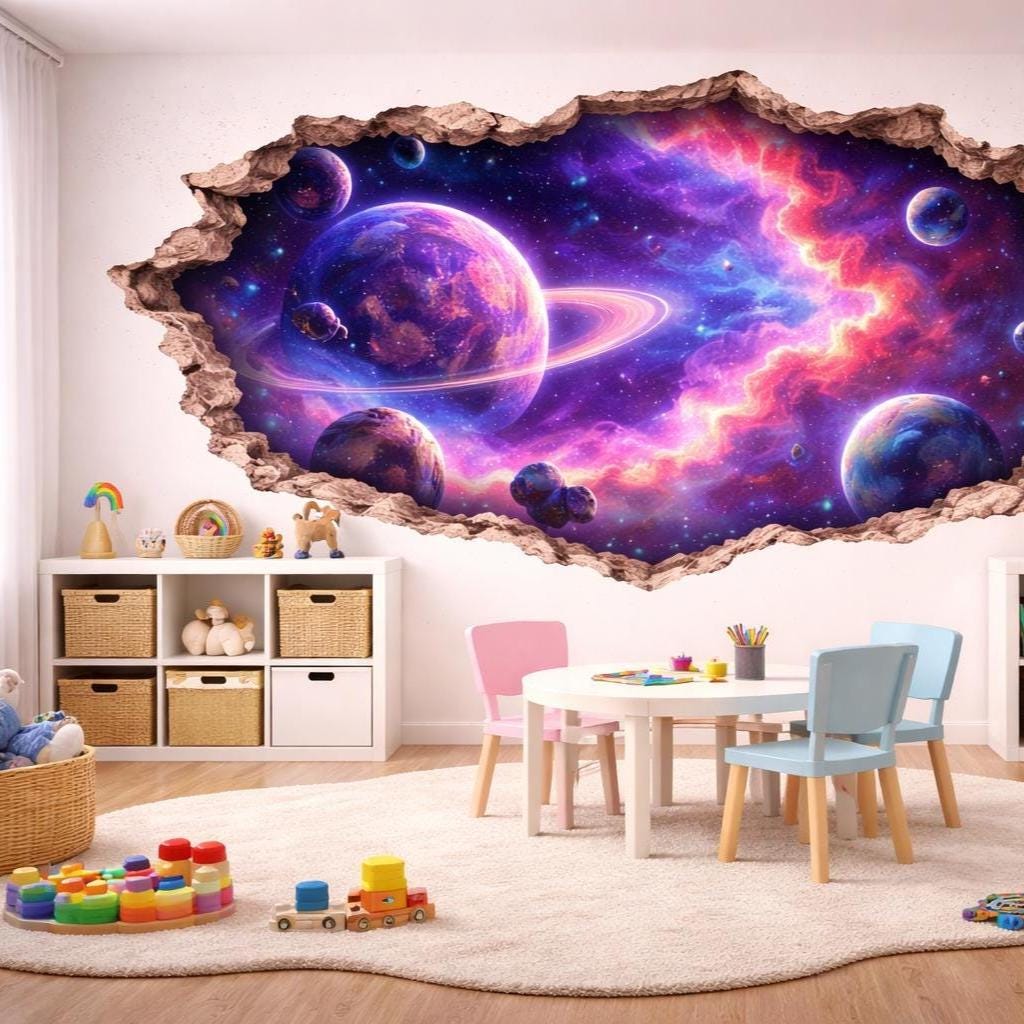 3D Space Galaxy Wall Decal | Cracked Wall Planet Nebula Sticker | Outer Space Wall Art for Bedroom | Peel and Stick Vinyl | Removable Decals