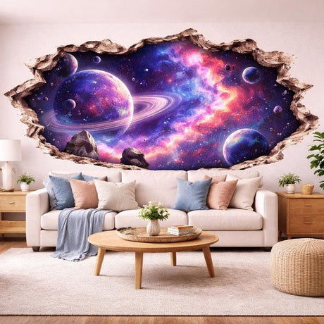 Torn wall opening effect revealing a colorful purple and blue galaxy with a large ringed planet, smaller moons, bright nebula clouds, stars, and rocky edges.