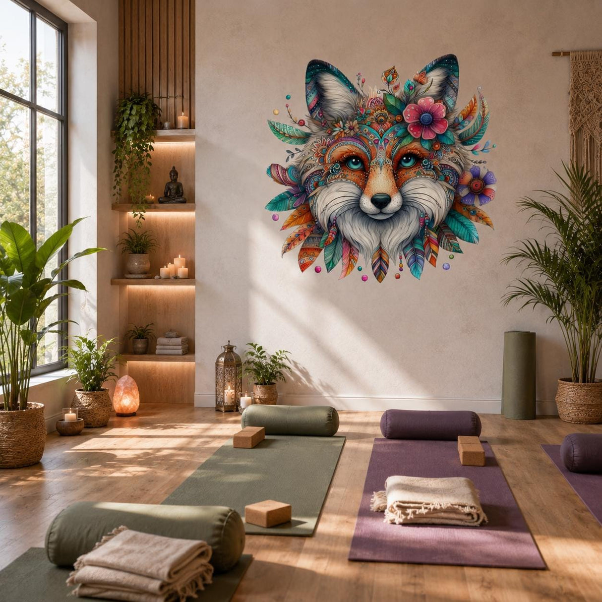 Boho Fox Wall Vinyl Decal | Colorful Mandala Animal Face Sticker | Woodland Nursery Wall Art | Tribal Feathers Floral Decor
