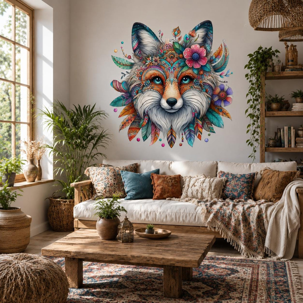 Boho Fox Wall Vinyl Decal | Colorful Mandala Animal Face Sticker | Woodland Nursery Wall Art | Tribal Feathers Floral Decor