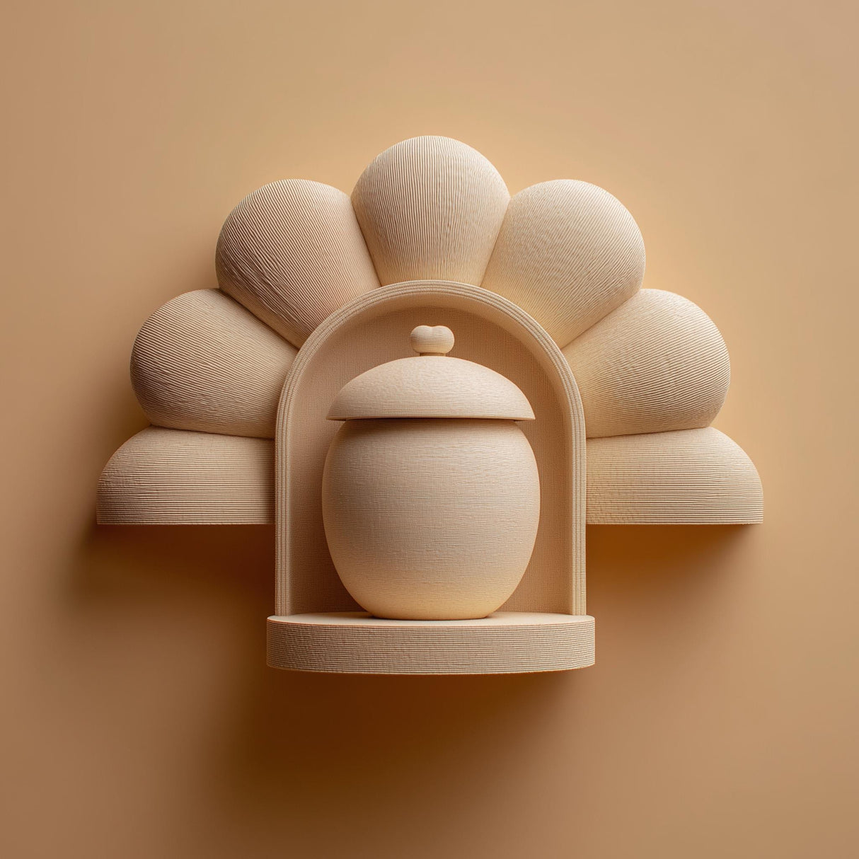 3D printed flower-shaped memorial wall shelf with decorative urn in matte beige PLA mounted on a warm neutral wall.