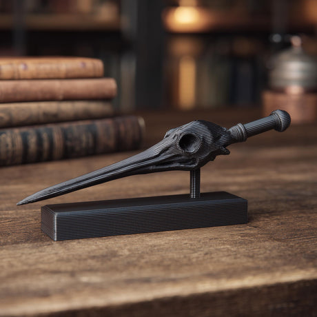 3D printed raven skull magic wand with display stand in matte black PLA on a wooden desk in a fantasy gothic interior setting.