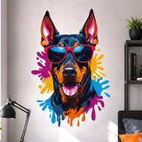 Pop art Doberman head wall vinyl decal with red sunglasses and colorful paint splashes in blue, orange, and purple on a white background.