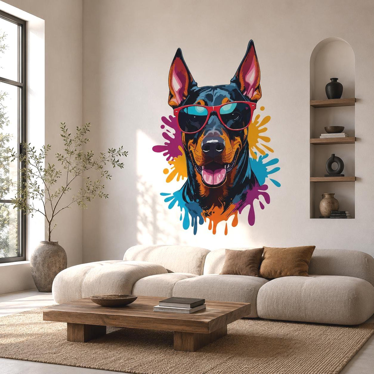 Cool Doberman Wall Vinyl Decal | Dog With Sunglasses Sticker | Color Splash Pop Art Wall Decor | Pet Lover Gift | Modern Kids Room Art