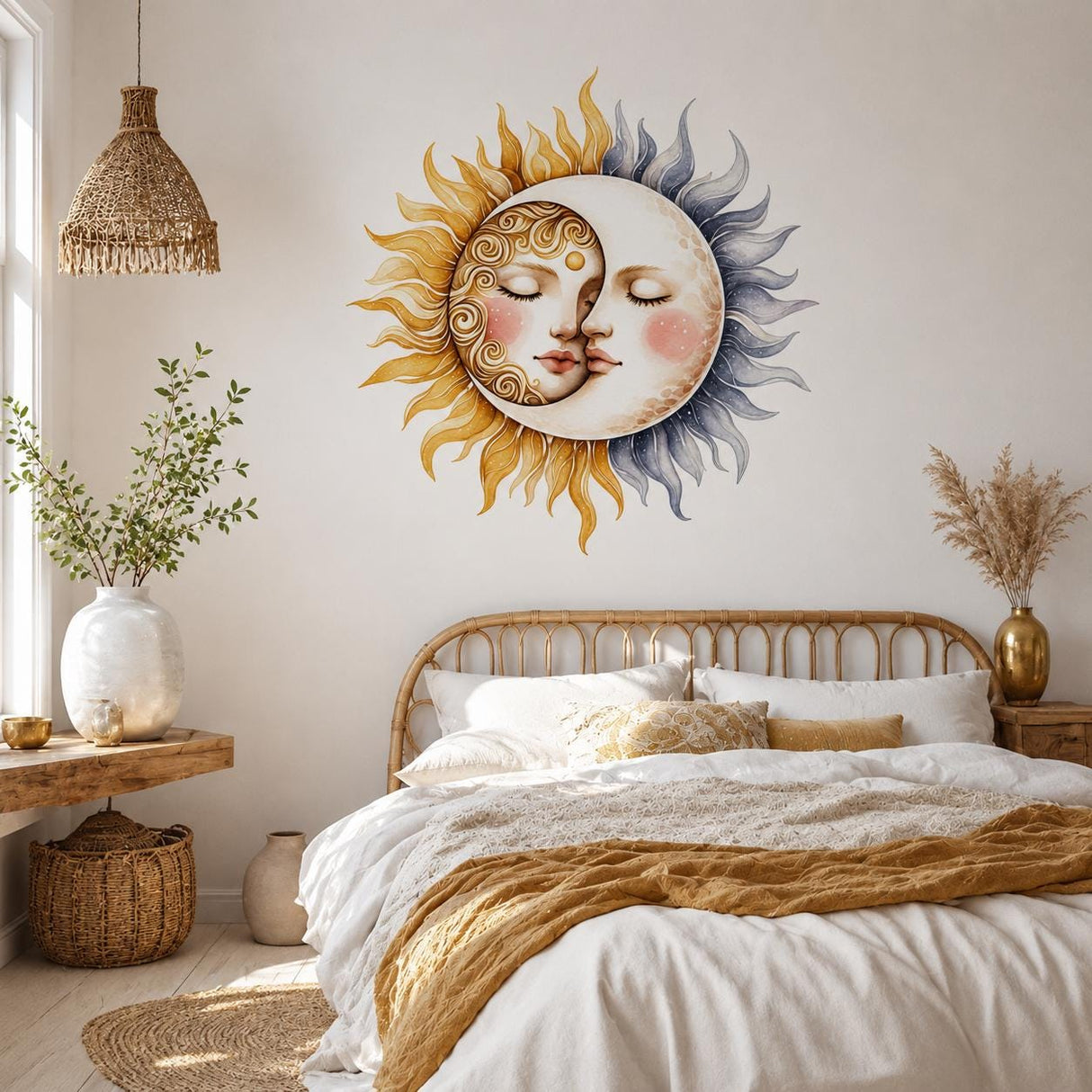 Sun and Moon Wall Vinyl Decal | Celestial Face Sticker | Boho Astrology Wall Art | Nursery Bedroom Living Room Decor | Watercolor Sky