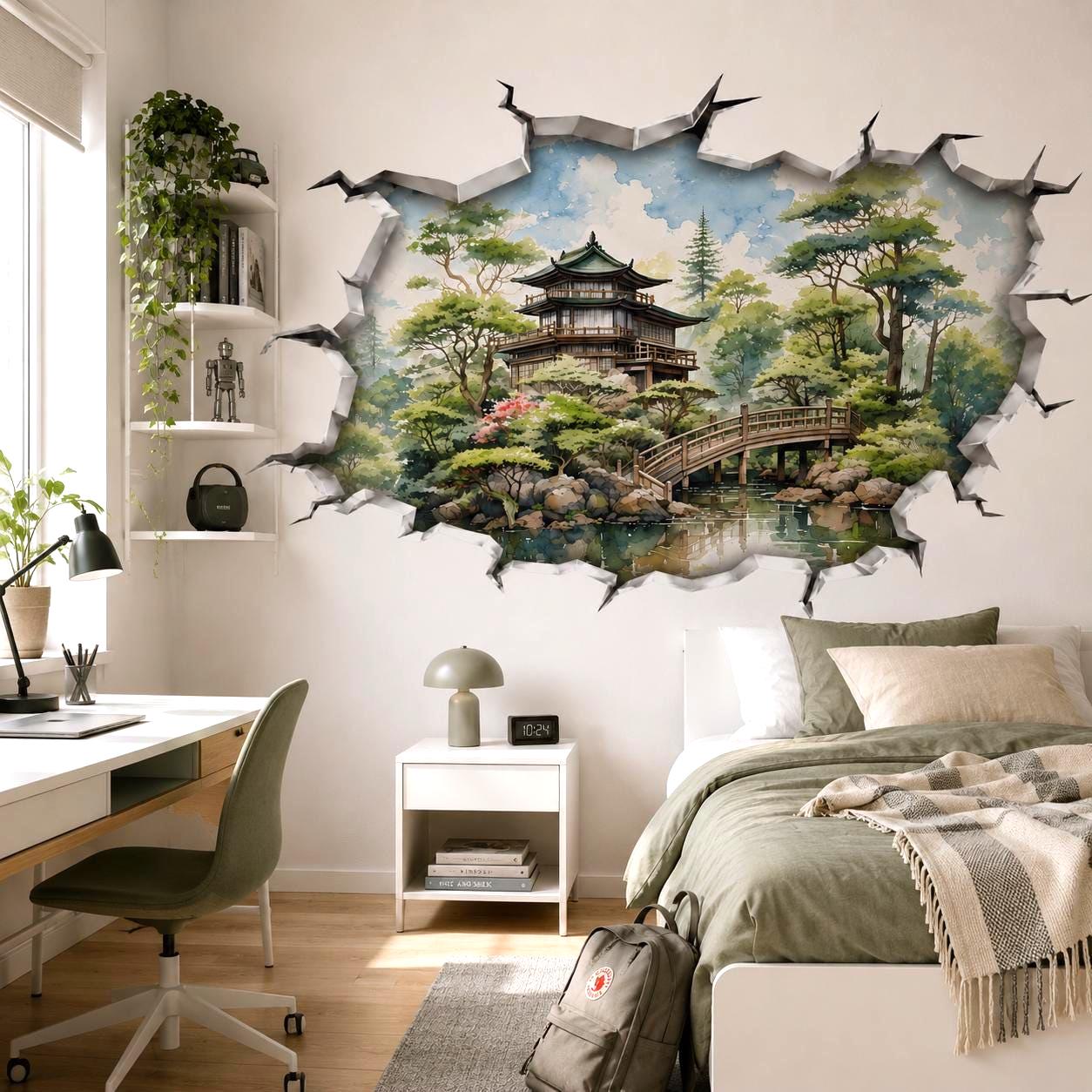 3D Japanese Garden Wall Decal | Pagoda Bridge Portal | Decords