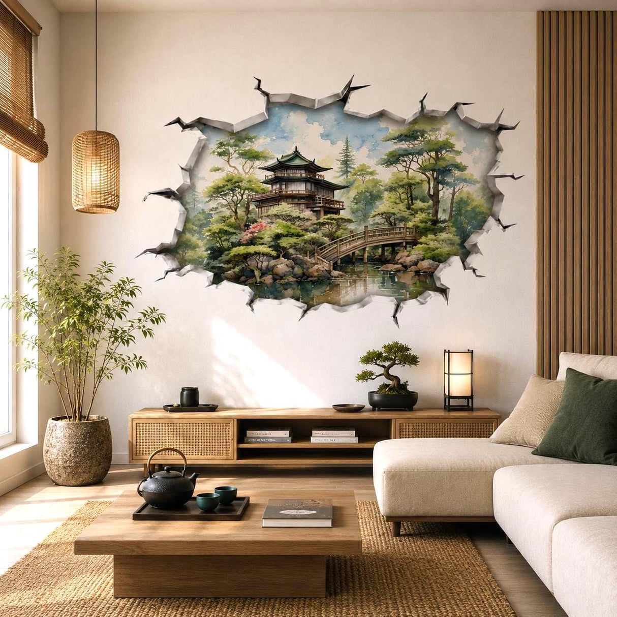 3D Japanese Garden Wall Vinyl Decal | Zen Pagoda Bridge Broken Wall Illusion Sticker | Watercolor Landscape Wall Art | Spa Yoga Decor