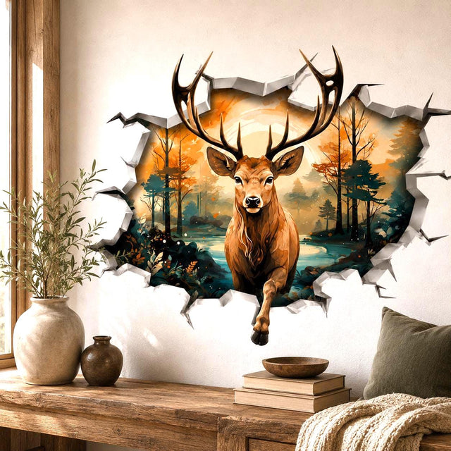 3D broken wall vinyl decal showing a stag with large antlers stepping out of a forest landscape with warm autumn colors, trees, and water.