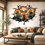 3D Deer Wall Vinyl Decal | Stag Broken Wall Illusion Sticker | Forest Wildlife Wall Art | Rustic Cabin Lodge Decor | Autumn Scene