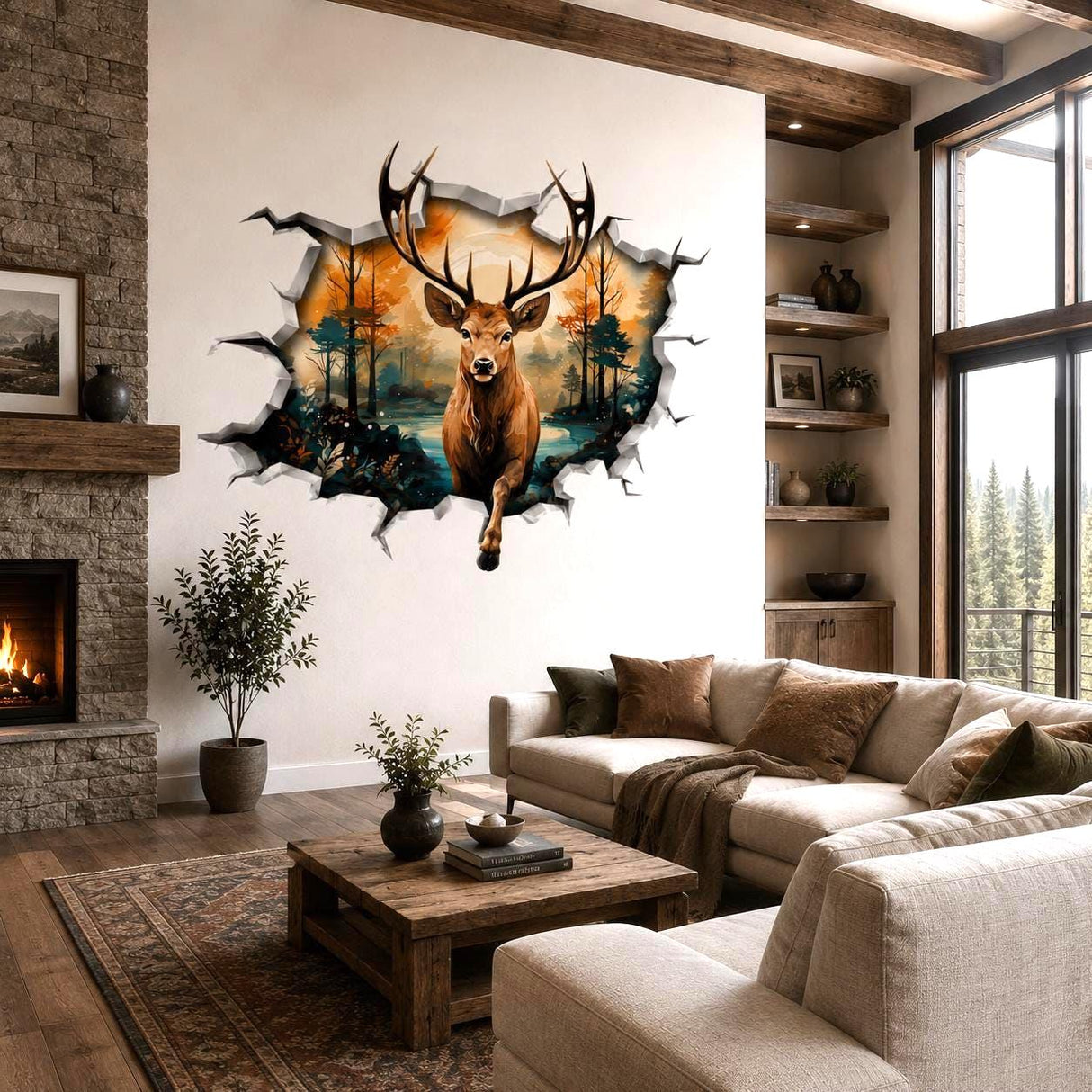 3D Deer Wall Vinyl Decal | Stag Broken Wall Illusion Sticker | Forest Wildlife Wall Art | Rustic Cabin Lodge Decor | Autumn Scene