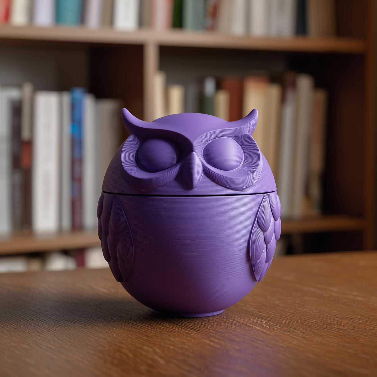 3D printed owl-shaped memorial urn with removable lid in matte PLA displayed on a wooden table in a cozy home library setting.