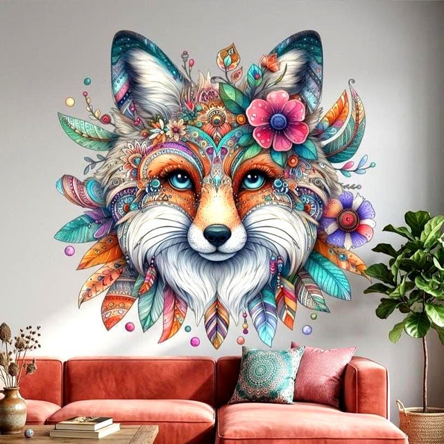 Colorful boho fox face wall vinyl decal with mandala-style patterns, feathers, and floral accents in bright teal, pink, orange, and blue.