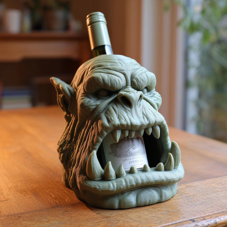 3D printed orc skull wine bottle holder in matte green PLA holding a wine bottle on a wooden table in warm natural lighting.